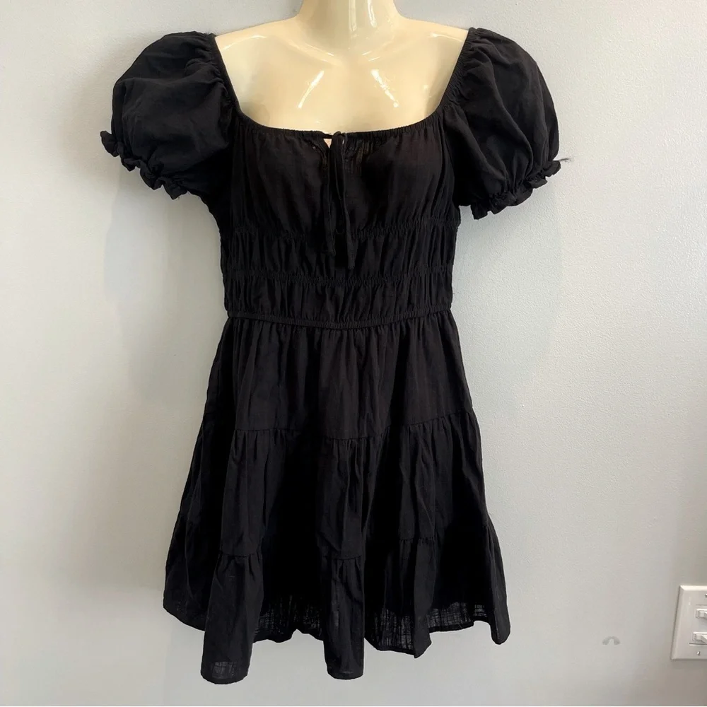 SHEIN Dress Women’s M Black Puff Sleeve Ruched Tiered Cottage core, Babydoll